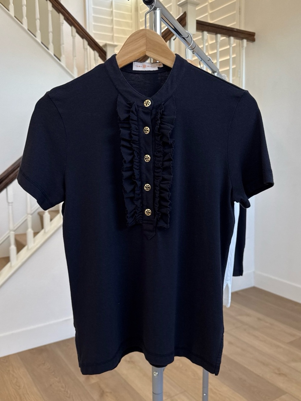 Tory Burch black Short-Sleeve Ruffled Placket Polo with Gold Buttons
